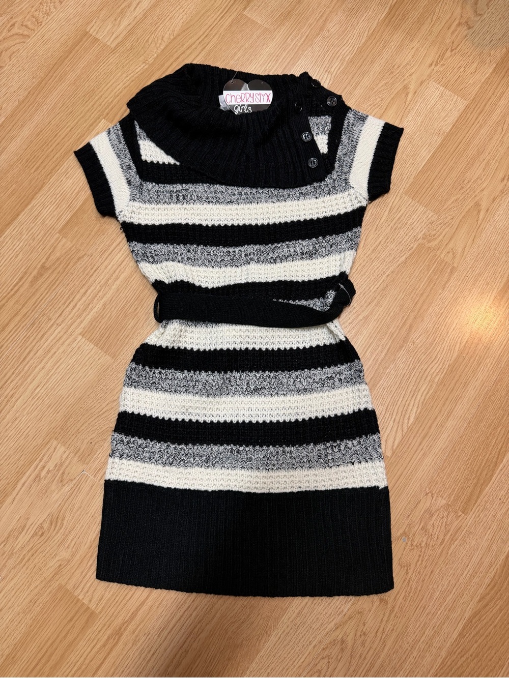 Cherry Stix Girls NWT Striped Sweater Dress Belt Black Gray Large